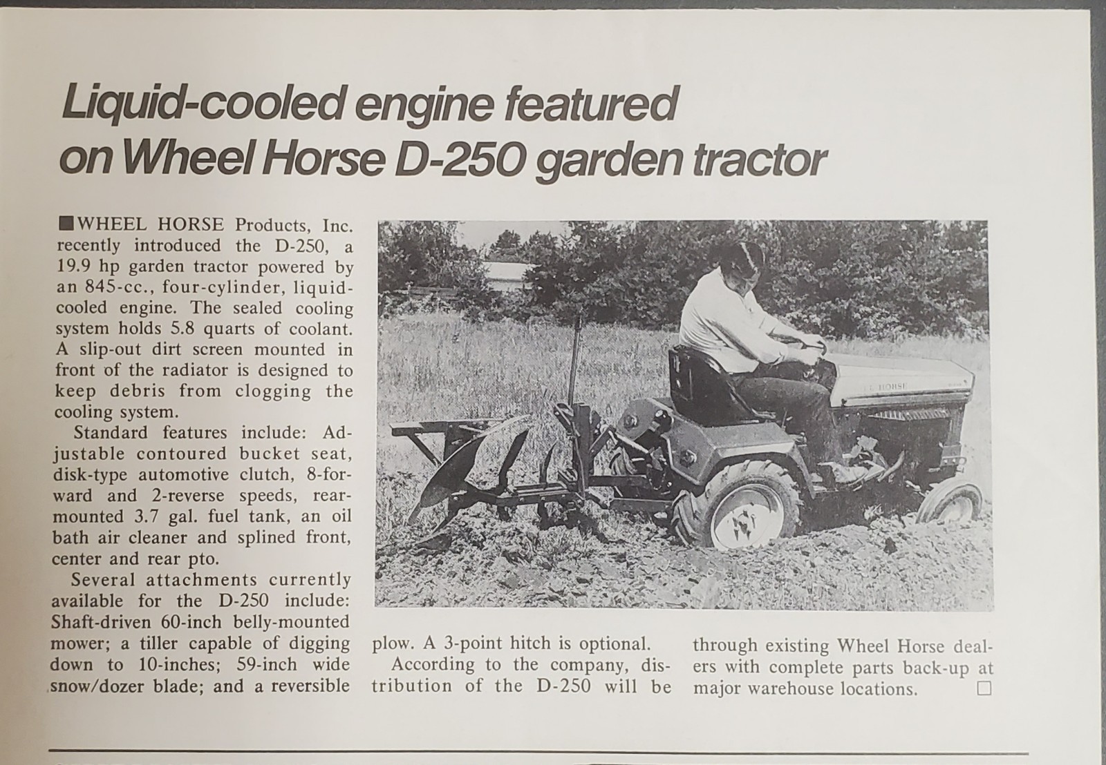 Wheel Horse D 250 1976 Magazine Advertisement and Article with Specs