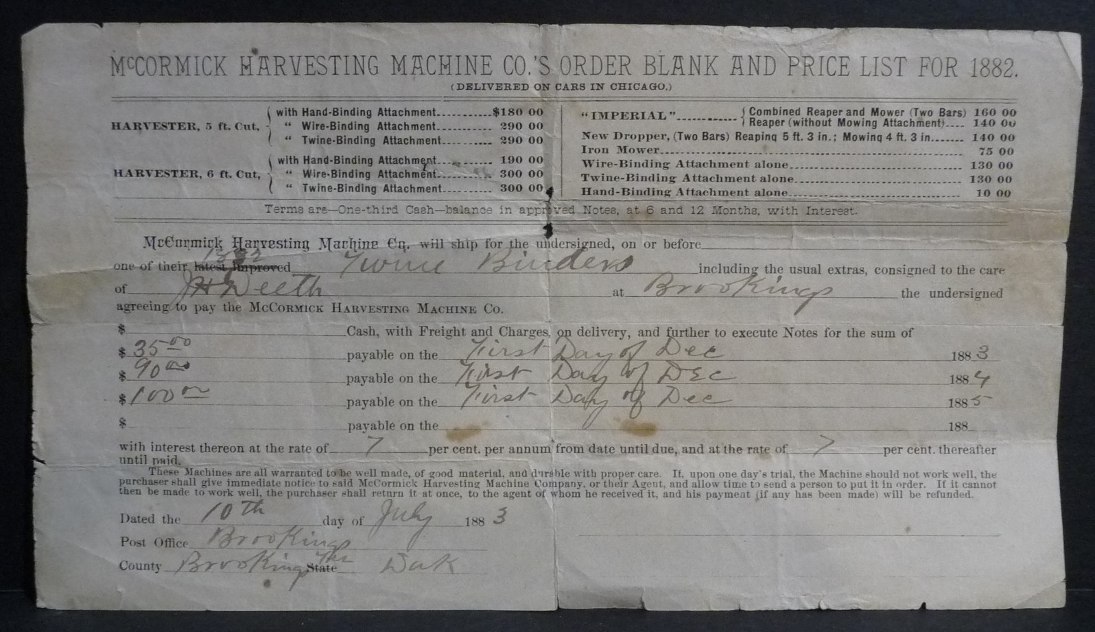 RARE McCormick Harvesting Machine Company 1882 Order Blank & Price List