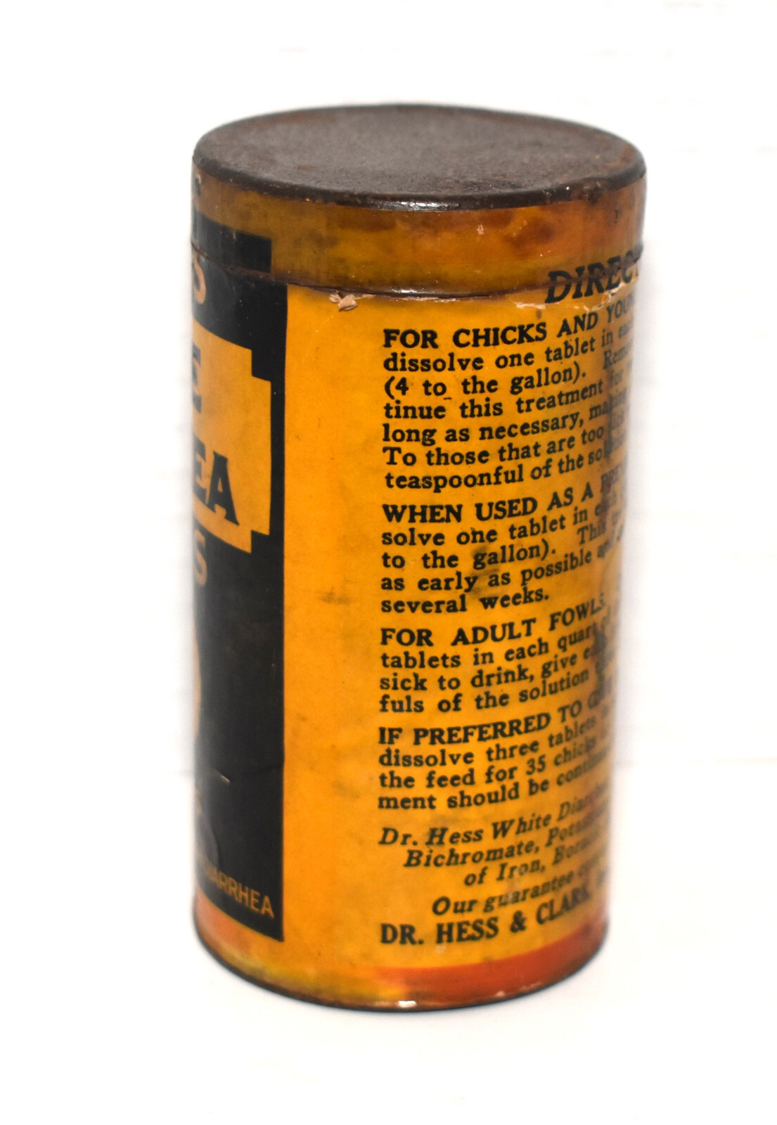 Vintage 1926 Dr Hess White Diarrhea Tablets for Chicks Can Farm Medicine Can
