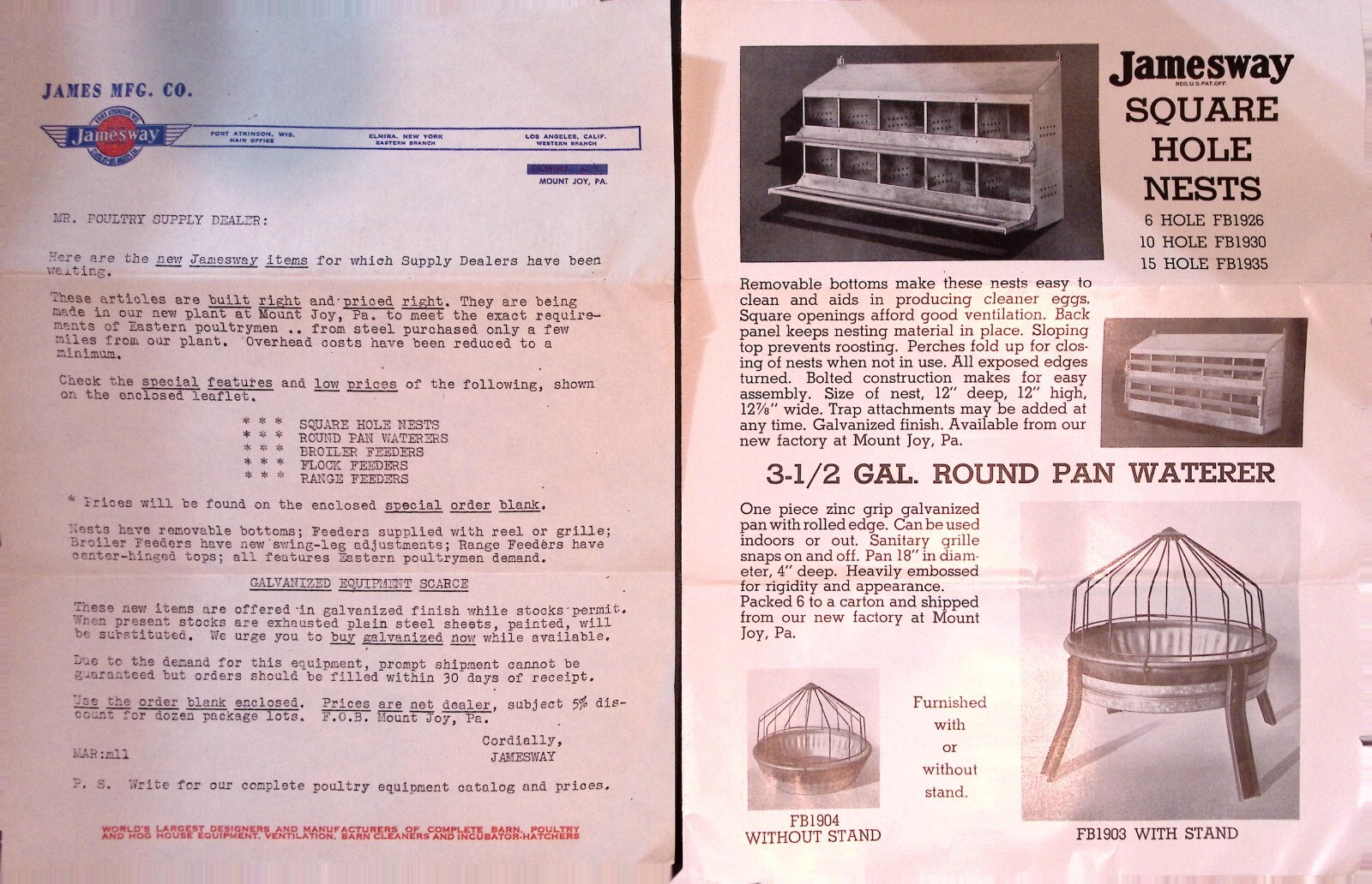 Jamesway Poultry Supply Dealer Letter & Ad 1940s Nests Waterers Feeders Mt Joy