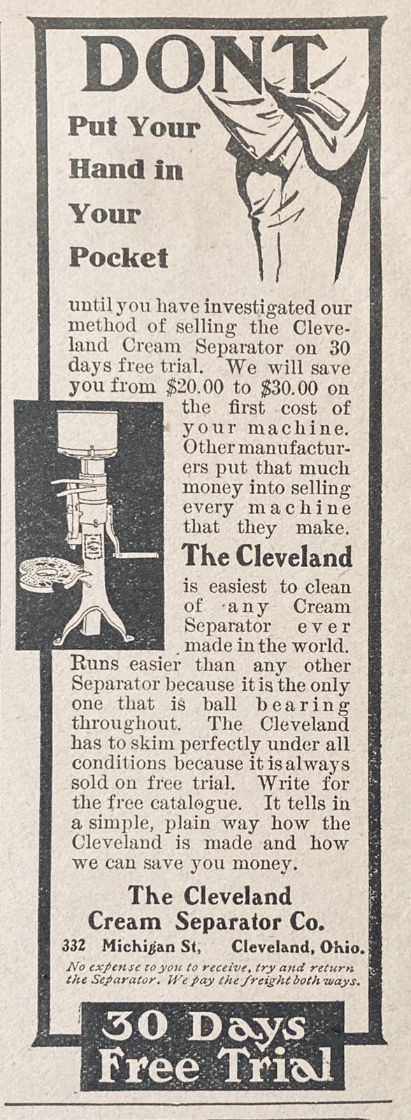 1905 AD.(XH29)~CLEVELAND CREAM SEPARATOR CO. MICHIGAN ST. CLEVELAND, OHIO.