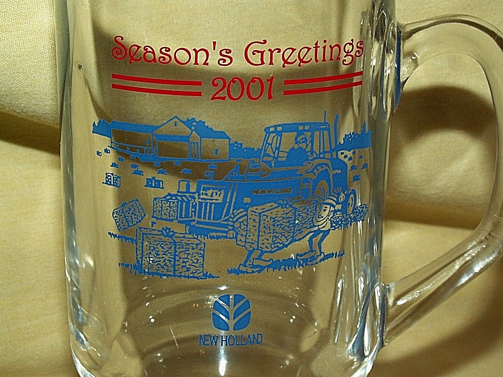 New Holland Glasses 4 Pc Christmas Seasons Greeting Santa Tractor Pedestal 2001