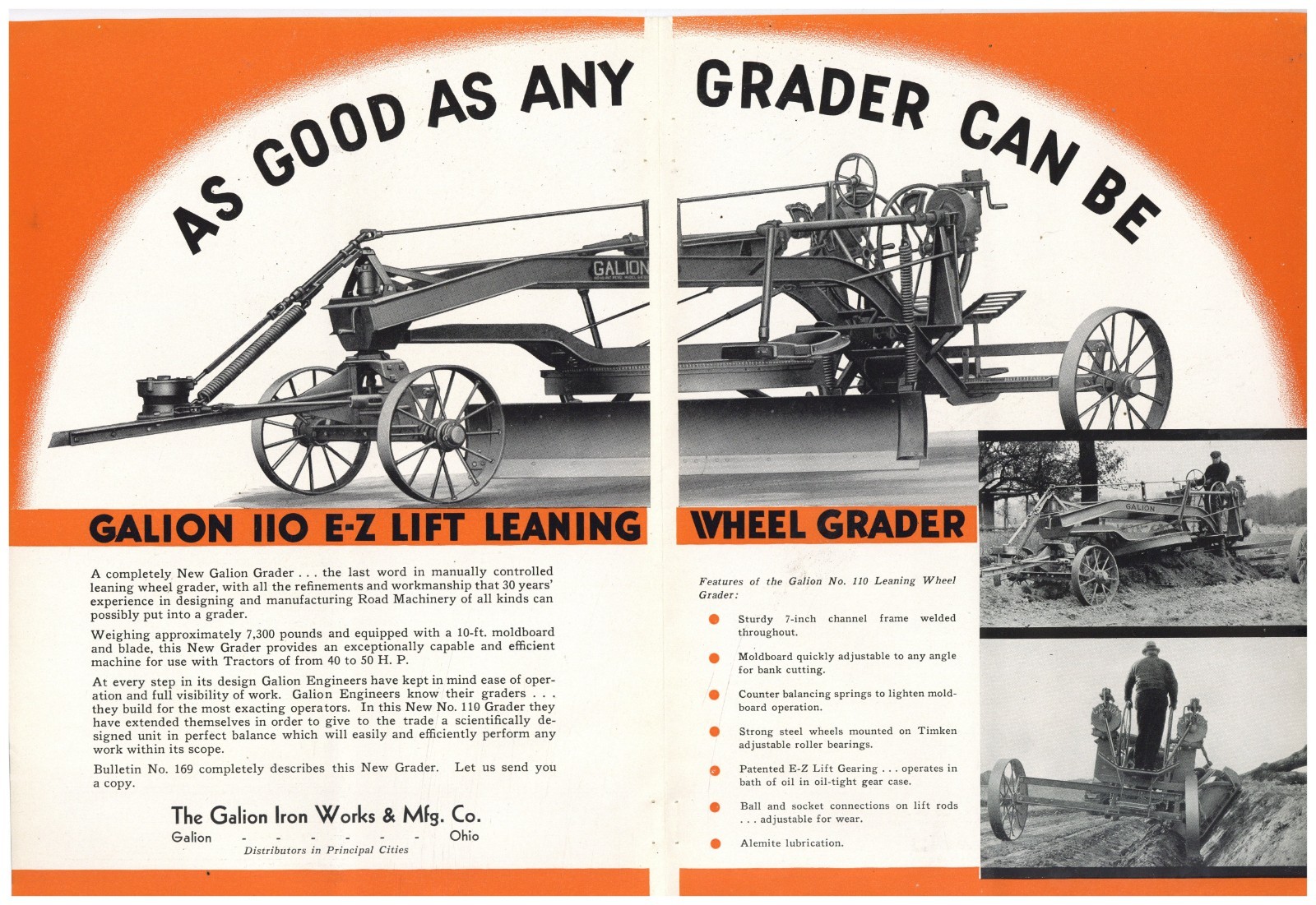 1934 Galion Iron Works of Galion, OhiO True Centerfold Ad: No 110 EZ Lift Grader