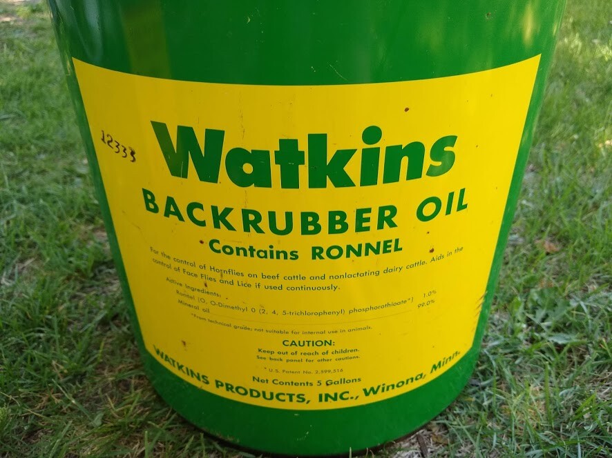 Vintage 1970s Watkins Backrubber Oil 5 gallon metal pail Ronnel insecticide farm
