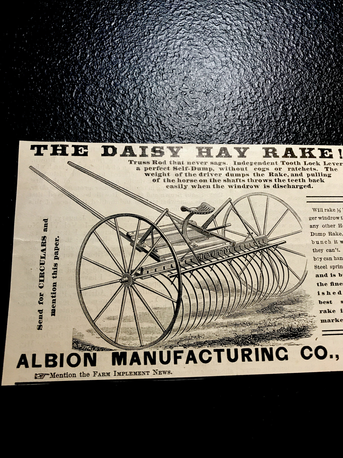 1886 Albion Daisy Rake Farm Engraving Advertising – Albion – Michigan