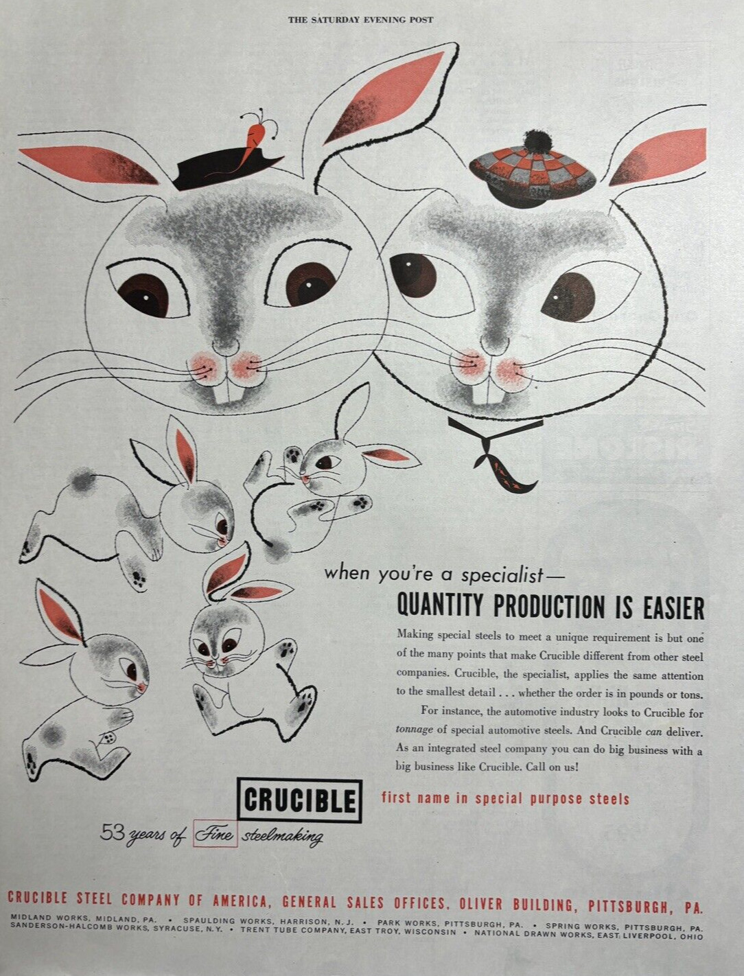 1953 Crucible Steel America Pittsburgh Quantity Production Rabbits VTG Print Ad