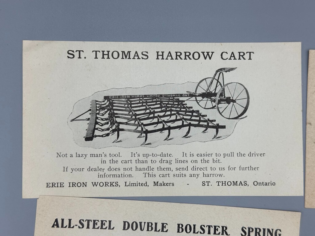 c 1900 ERIE IRON WORKS Cattle HOG TROUGH Hay Rack PLOW Farm Advertise Trade Card