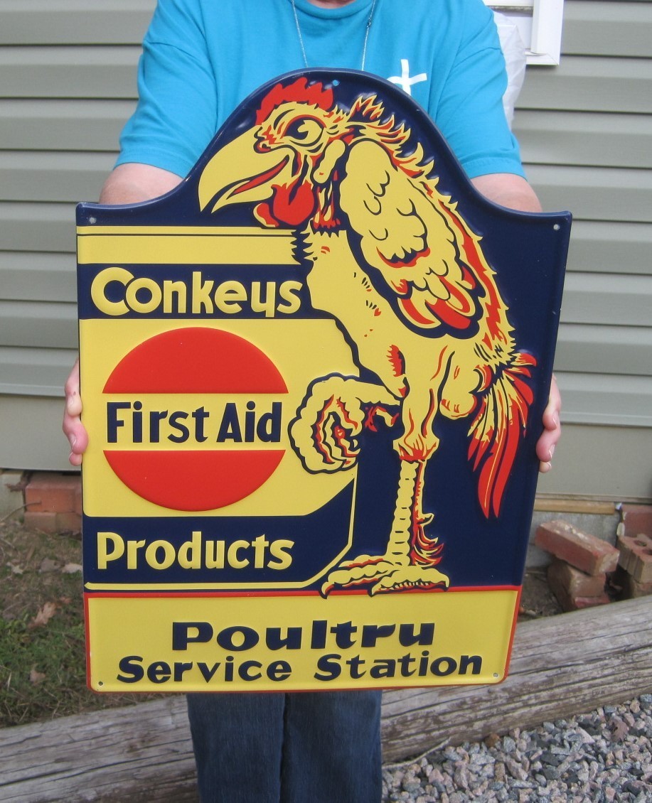 Conkeys First Aid Products Chicken Poultry Service Station Feed & Seed Farm Sign