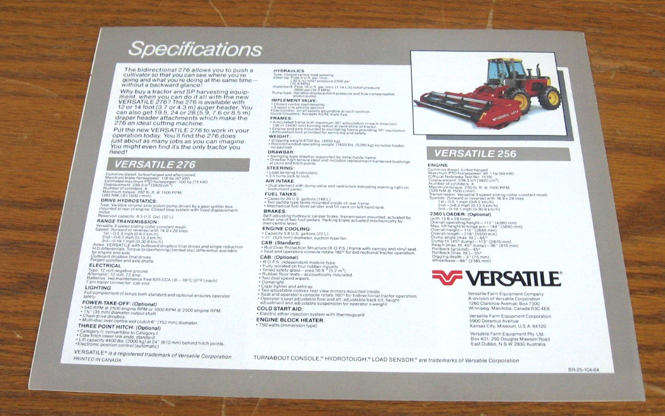 VINTAGE 1984 VERSATILE TRACTOR 276 4 WHEEL DRIVE BROCHURE SALES CATALOG