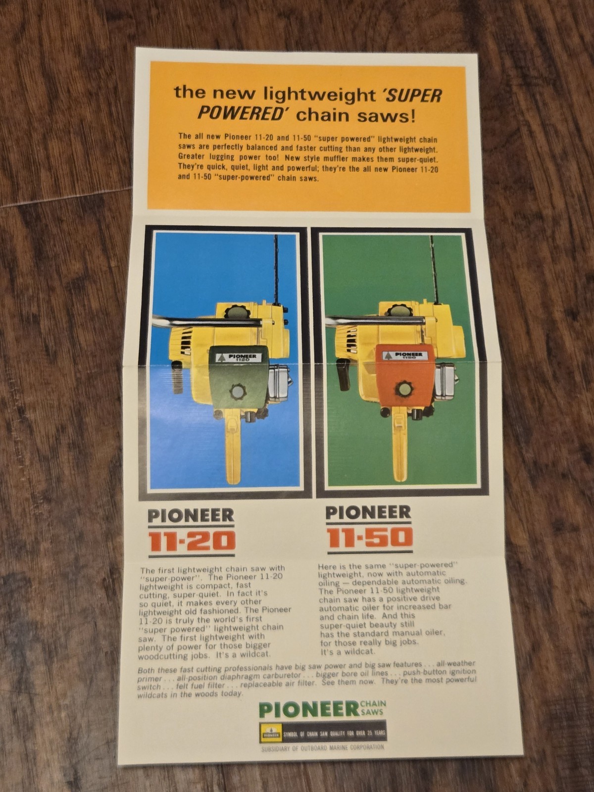 Vintage 1960&rsquo;s OMC Made Pioneer Chainsaw Brochure For 11-20 & 11-50 « Wildcats »