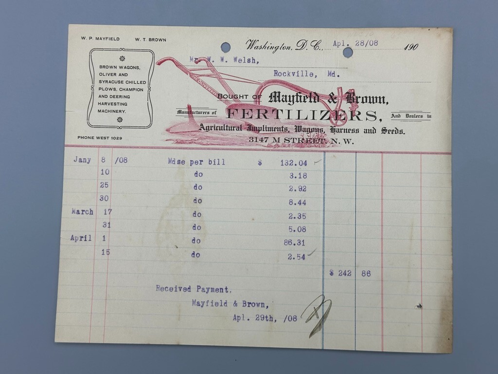 1908 OLIVER PLOW Washington DC Mayfield & Brown Antique Farm Advertising Receipt