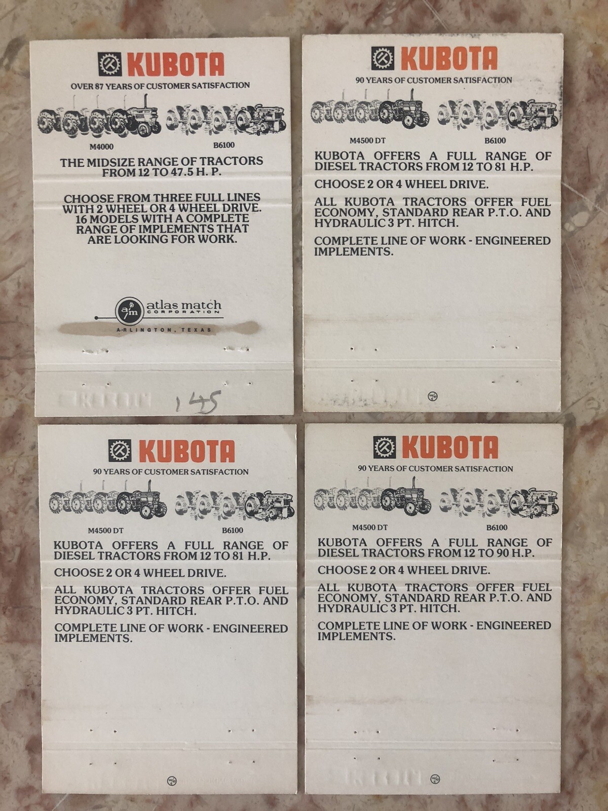 Kubota Tractor Matchbook Cover Lot Chattanooga TN Greenwood SC Naples NY Clovis