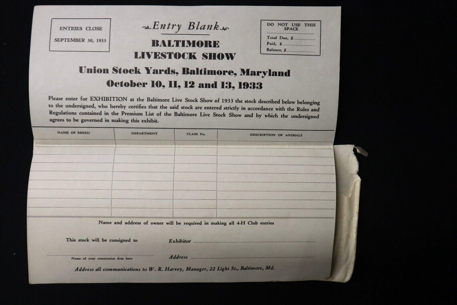 Baltimore Livestock Show 1933 Blank Entry Form & Envelope