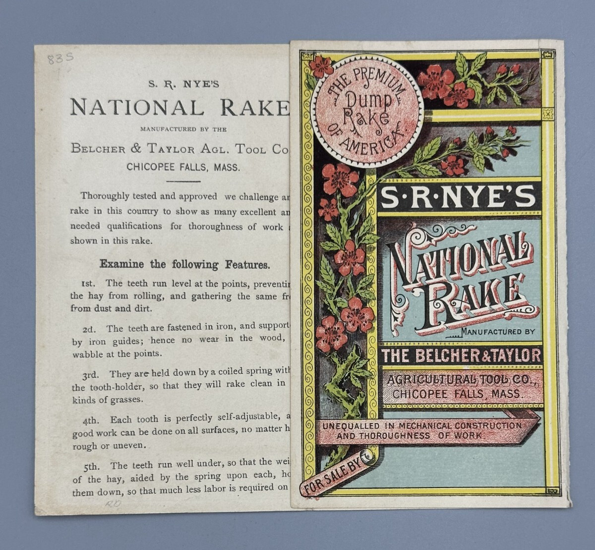 1880s SR NYE&rsquo;s Rake Victorian FARM Advertising Fold Trade Card CHICOPEE FALLS MA
