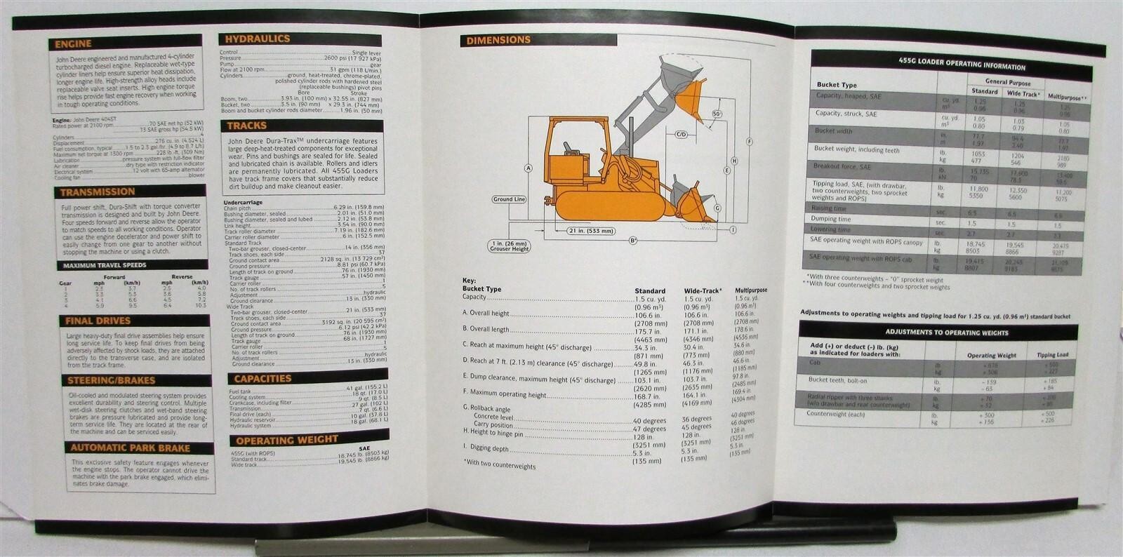 1994 John Deere 455G Loader Specifications Construction Sales Brochure