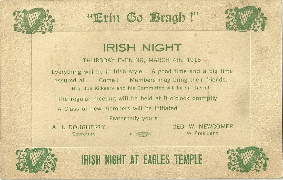 1915 Invitation card to irish night at eagles temple Geo w. newcomer