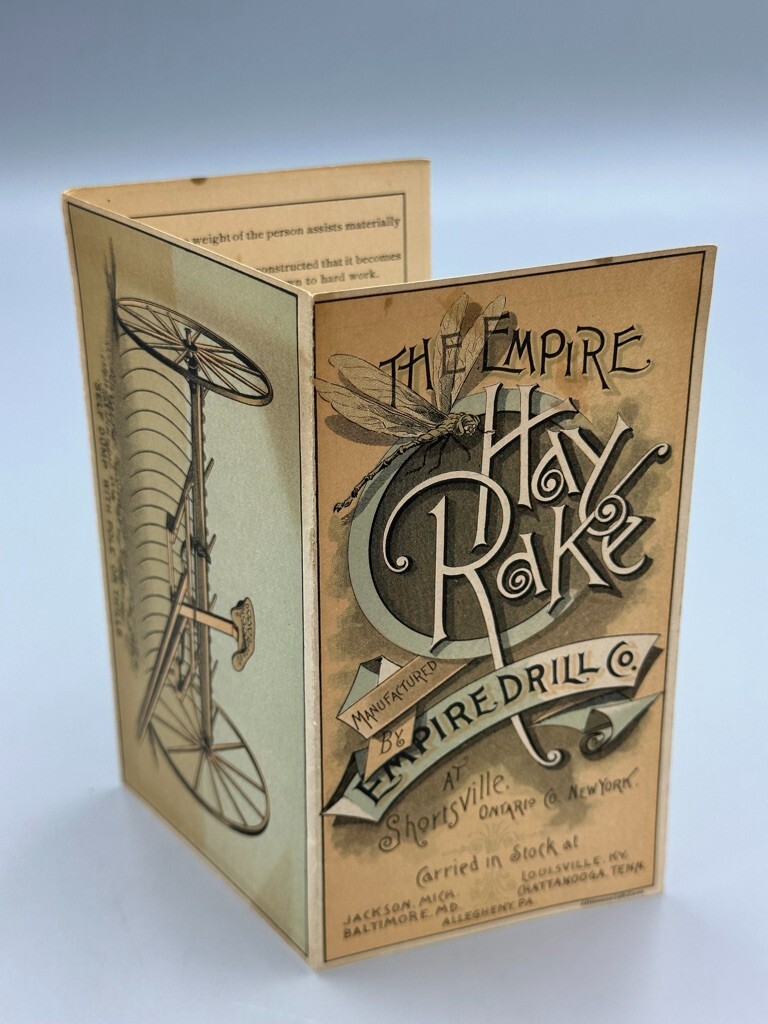1880s EMPIRE DRILL Hay Rake FARM Advertising Folding Trade Card SHORTSVILLE NY
