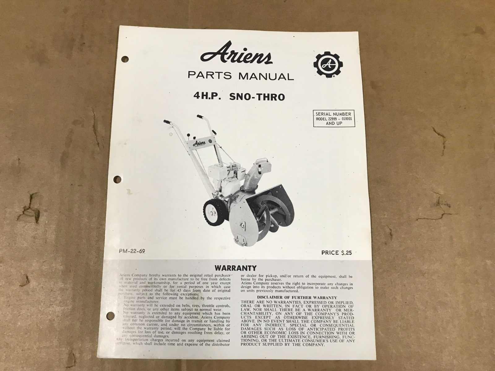 Vintage Ariens Parts Manual – 4 H.P. Sno-Thro – PM-22-69