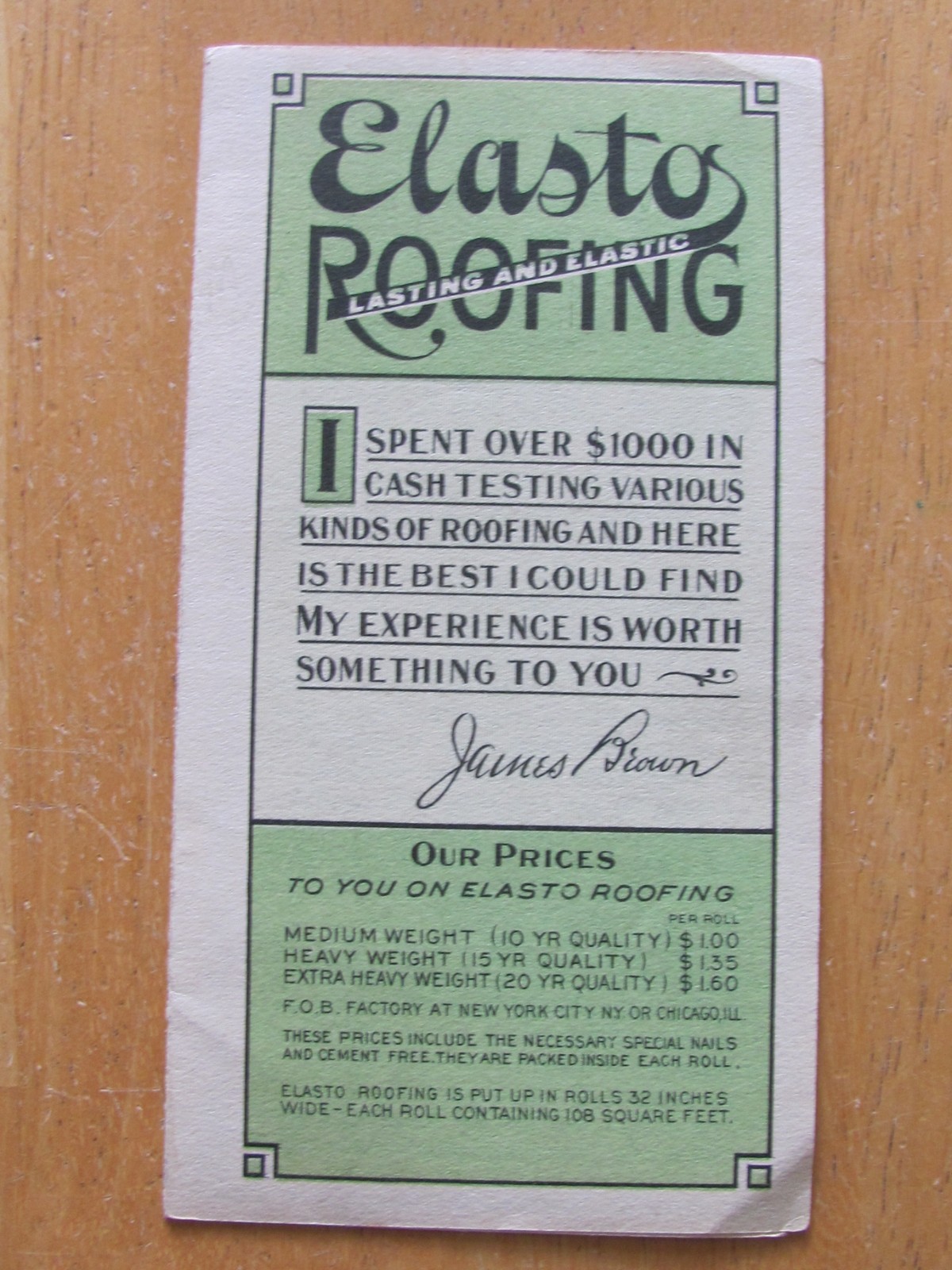 ANTIQUE PAMPHLET ELASTO WOOL FELT ASPHALT ROOFING ROLL BROWN FENCE & WIRE CO