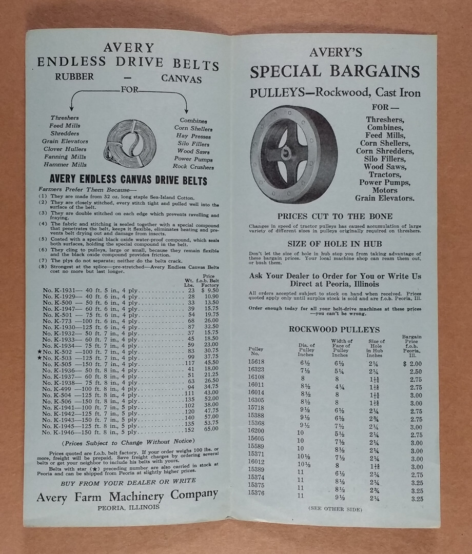 vintage 1938 AVERY Farm Machinery Endless Drive Belts & Pulleys Price List