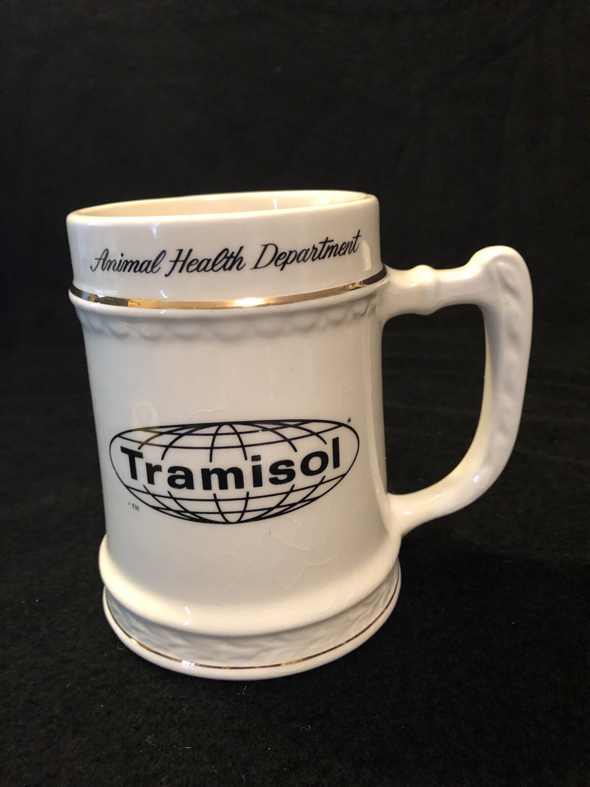 Vtg Tramisol Ceramic Advertising Mug Animal Health Dept Sheep Cow Dewormer Vet