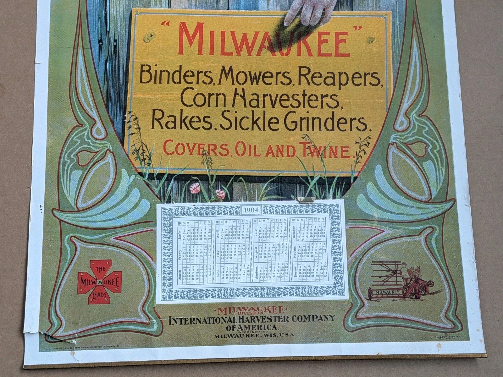 Milwaukee Leads International Harvester Oil Advertising Lithograph Sign Calendar