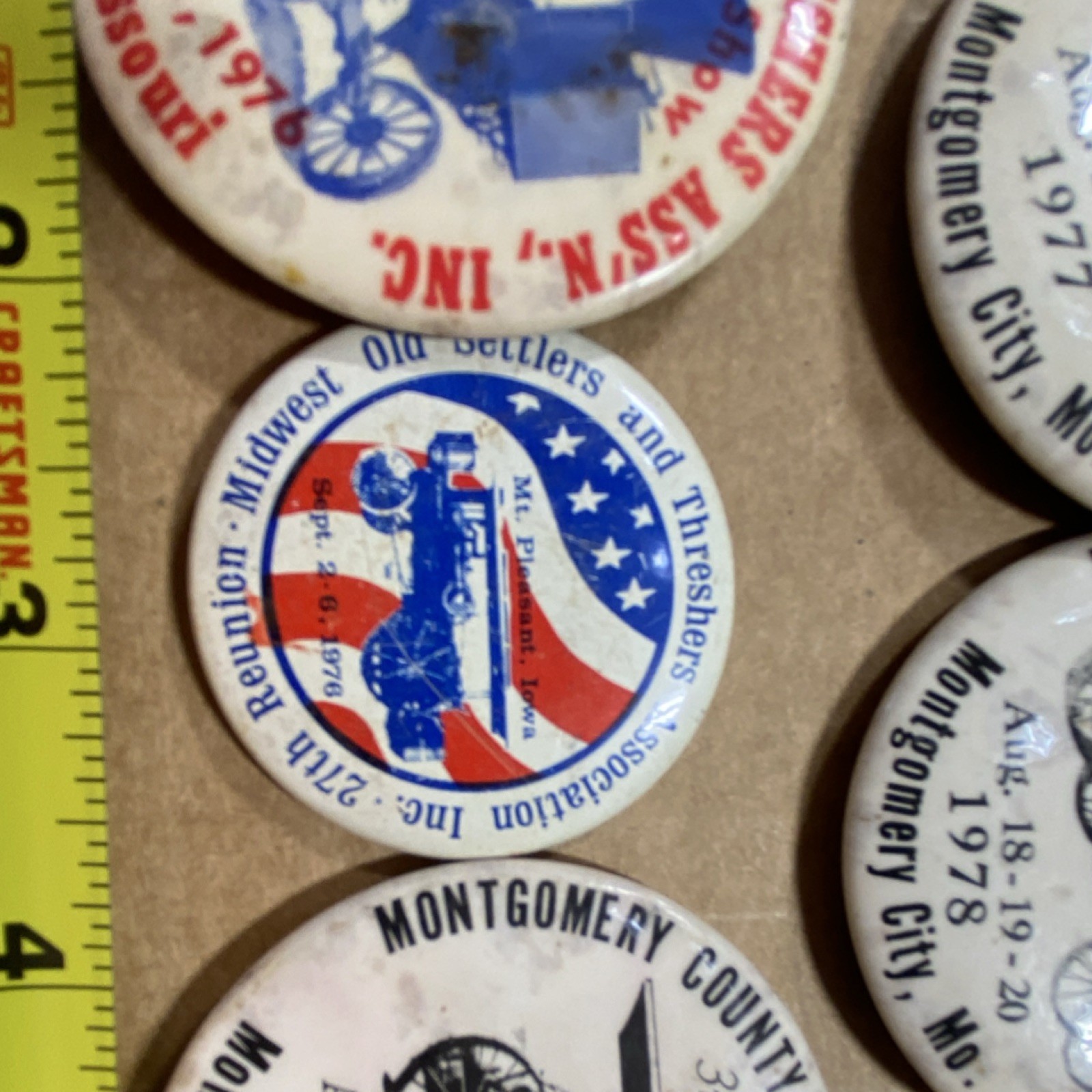 Montgomery County & Mark Twain Old Threshers Agriculture Buttons 1976-1979 Lot