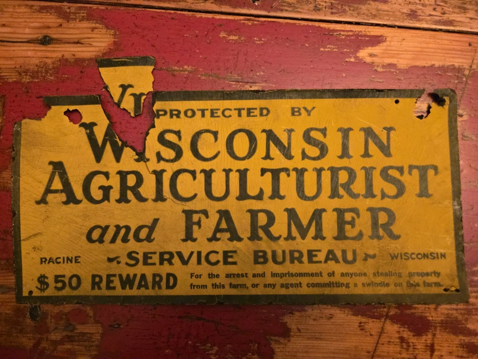 Vintage Cardboard Wisconsin Agriculturalist Farmer Service Bureau Sign Racine WI