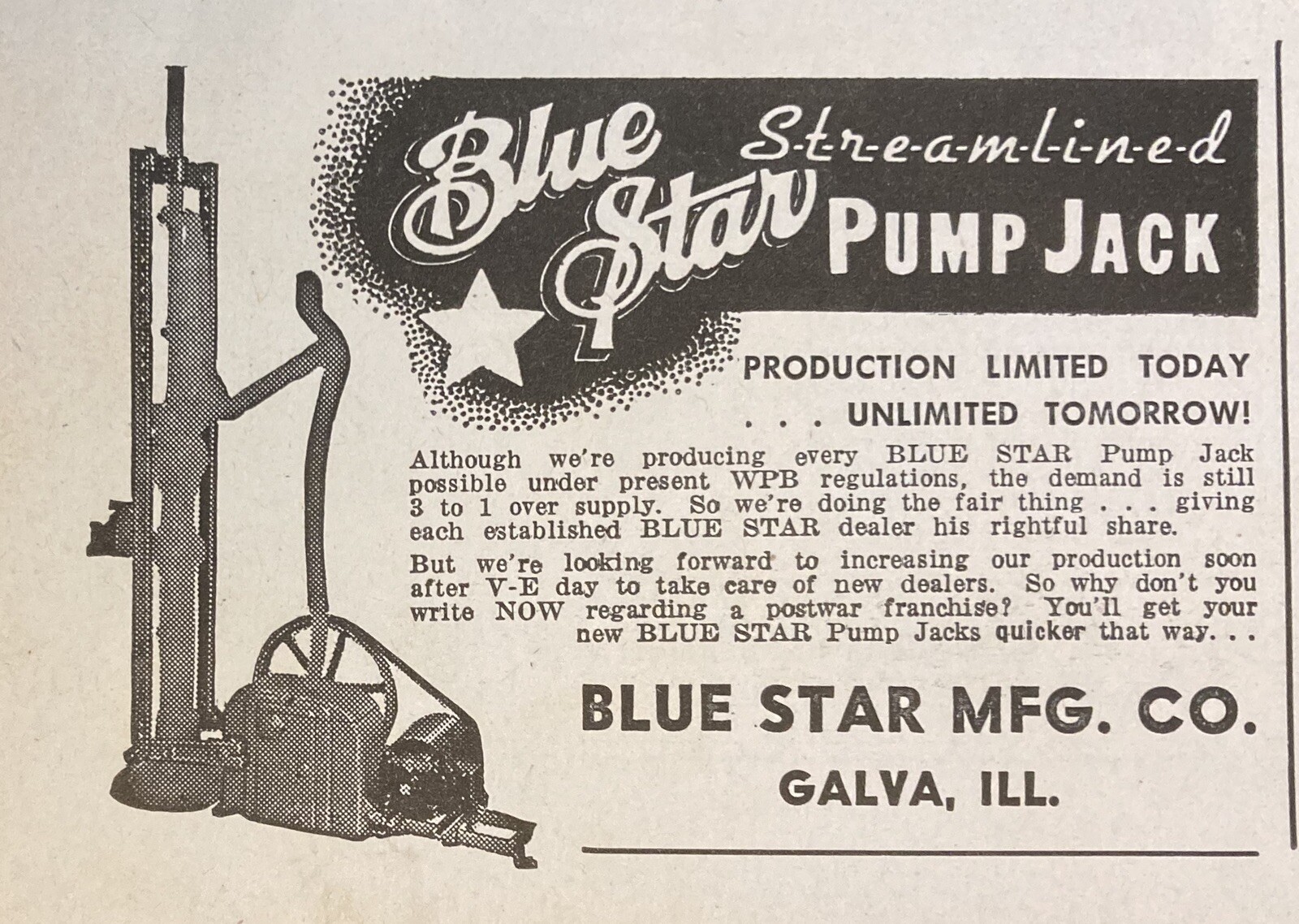 1945 AD.(XF25)~BLUE STAR MFG. CO. GALVA, ILL. BLUE STAR FARM PUMP JACK