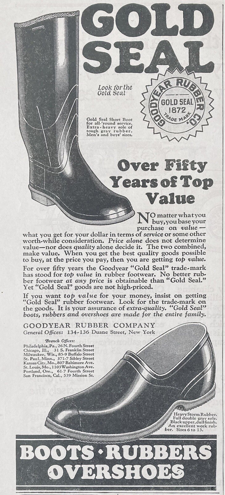 1926 AD.(XG23)~GOODYEAR RUBBER CO. GOLD SEAL RUBBERS BOOTS AND OVERSHOES