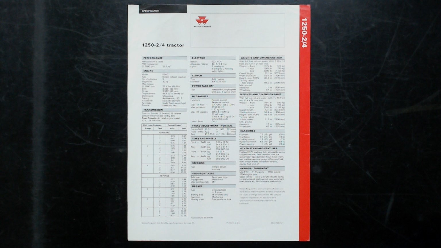 Massey Ferguson 1250-2/4 Compact Tractor Vintage Brochure Red White