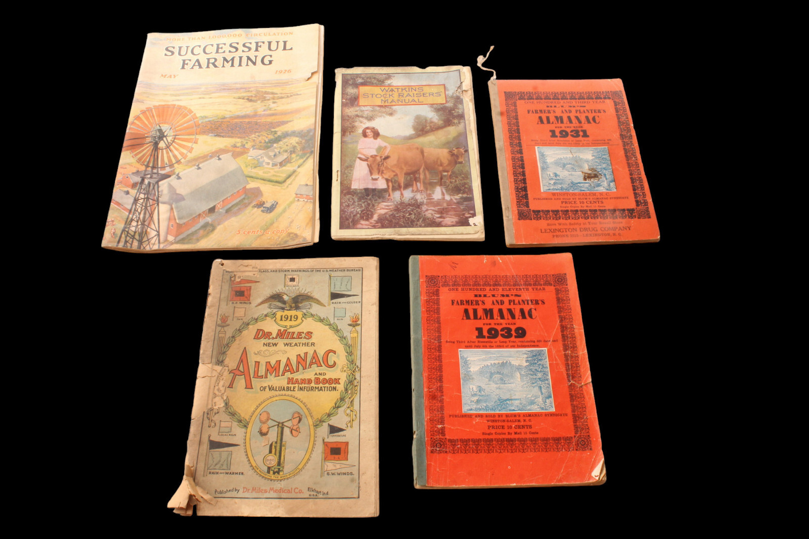 5 Antique Farmers & Dr Miles Almanac Watkins Stock Manual & Successful Farming