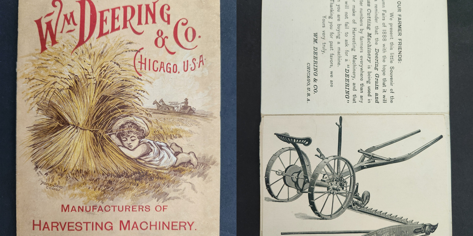 1888 antique Wm DEERING & Co chicago il AD SOUVENIR Brochure Harvest Machinery