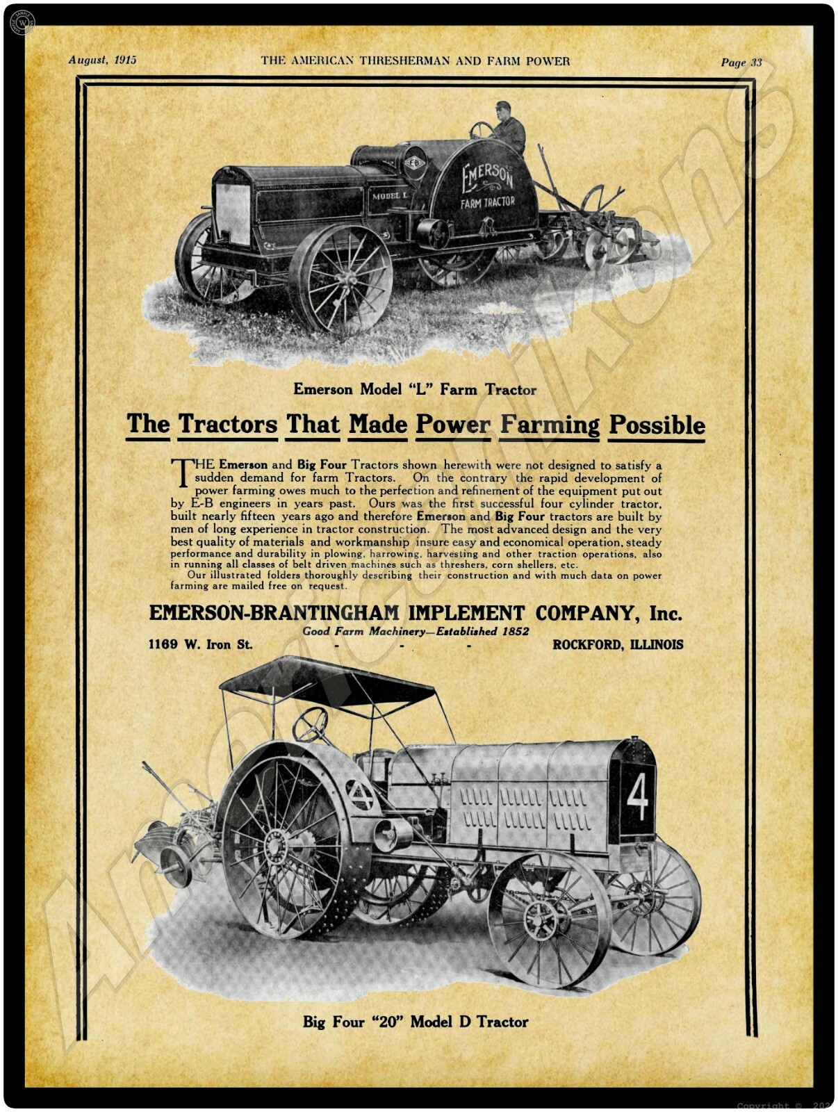 1915 Emerson Brantingham Models D & L Tractors – New Metal Sign: Rockford, IL