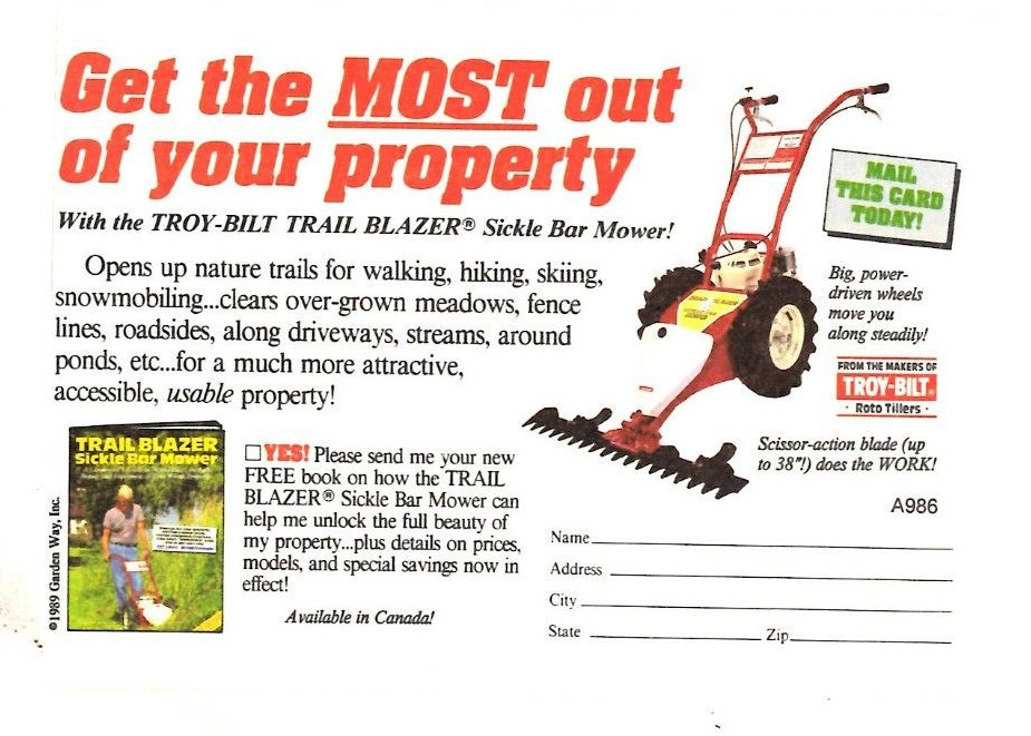 1989 Print Ad Troy-Bilt Mfg Trail Blazer Sickle Bar Mower Land Owners! Off-Lawn