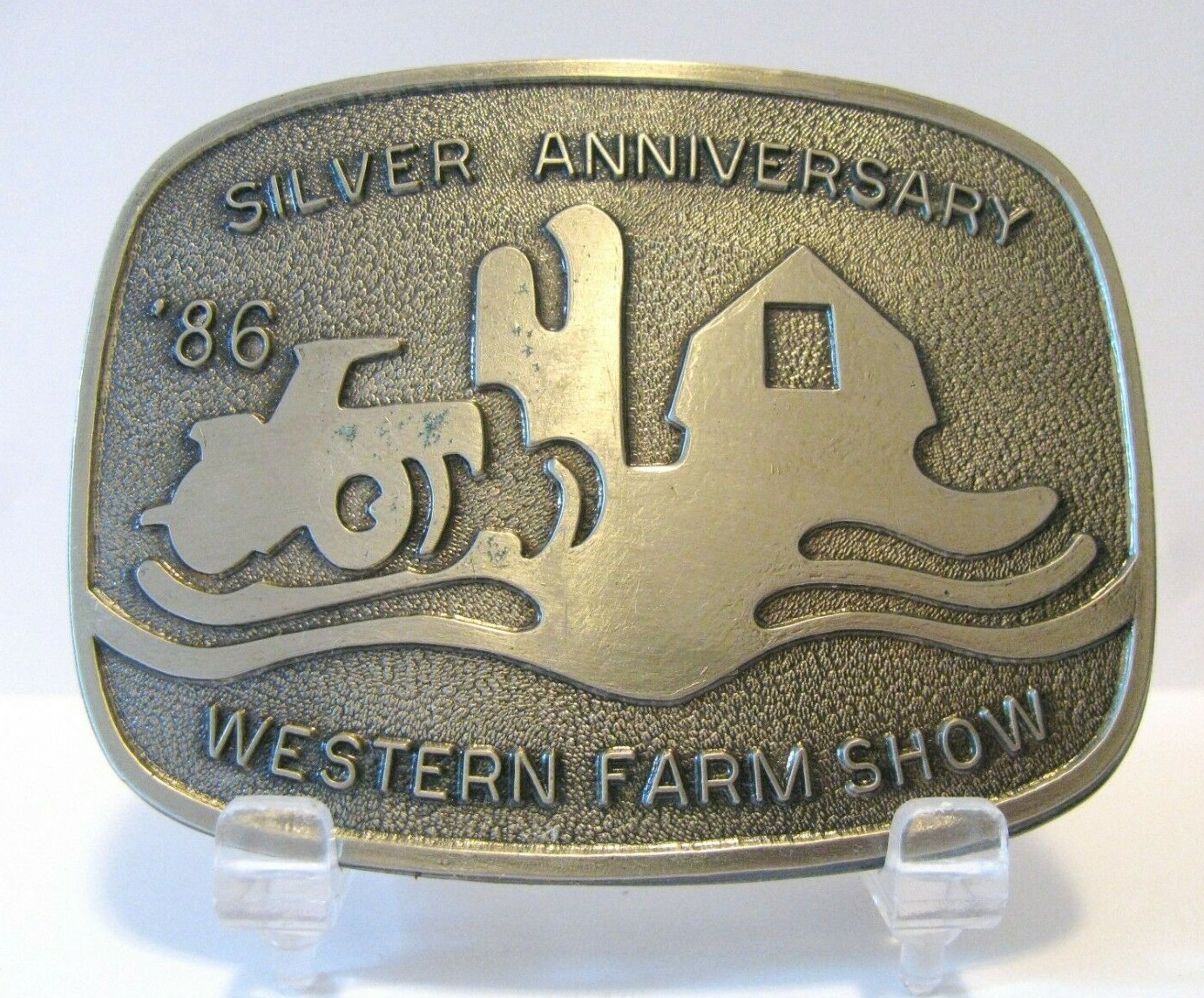Vintage 1986 Western Farm Show Pewter Advertising Belt Buckle Silver Anv Tractor