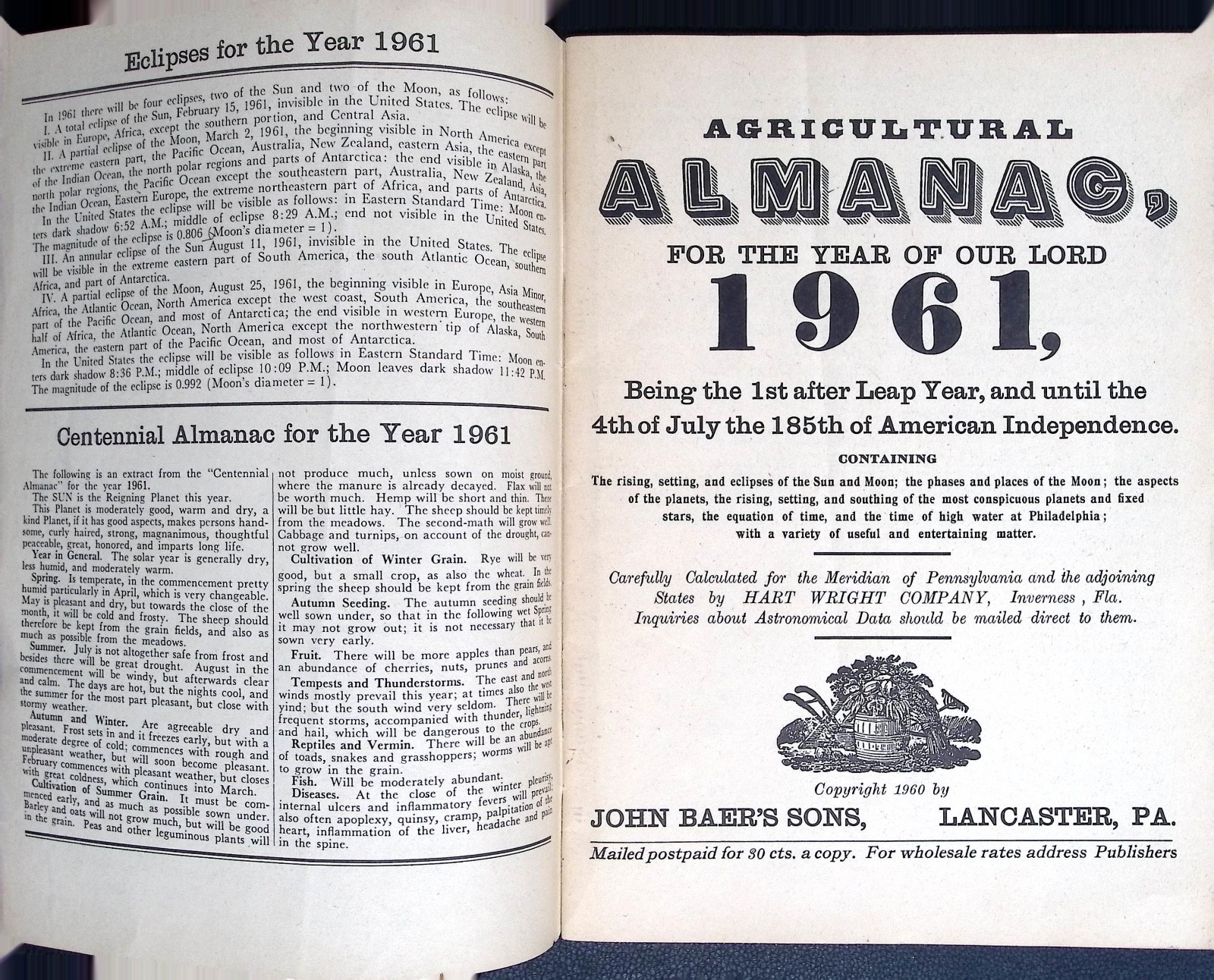 1961 John Baer’s Sons Agricultural Almanac Lancaster Pennsylvania 136th Volume