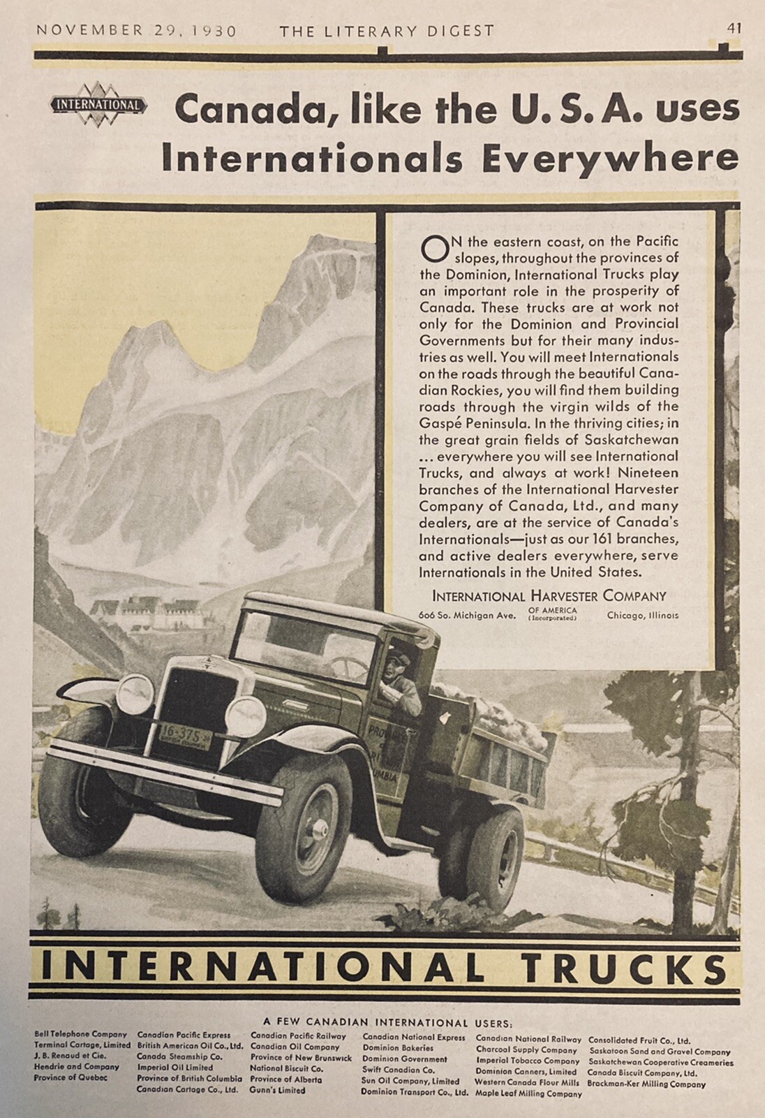 1930 AD.(XH22)~INTERNATIONAL HARVESTER CO. TRUCKS THRU THE CANADIAN ROCKIES