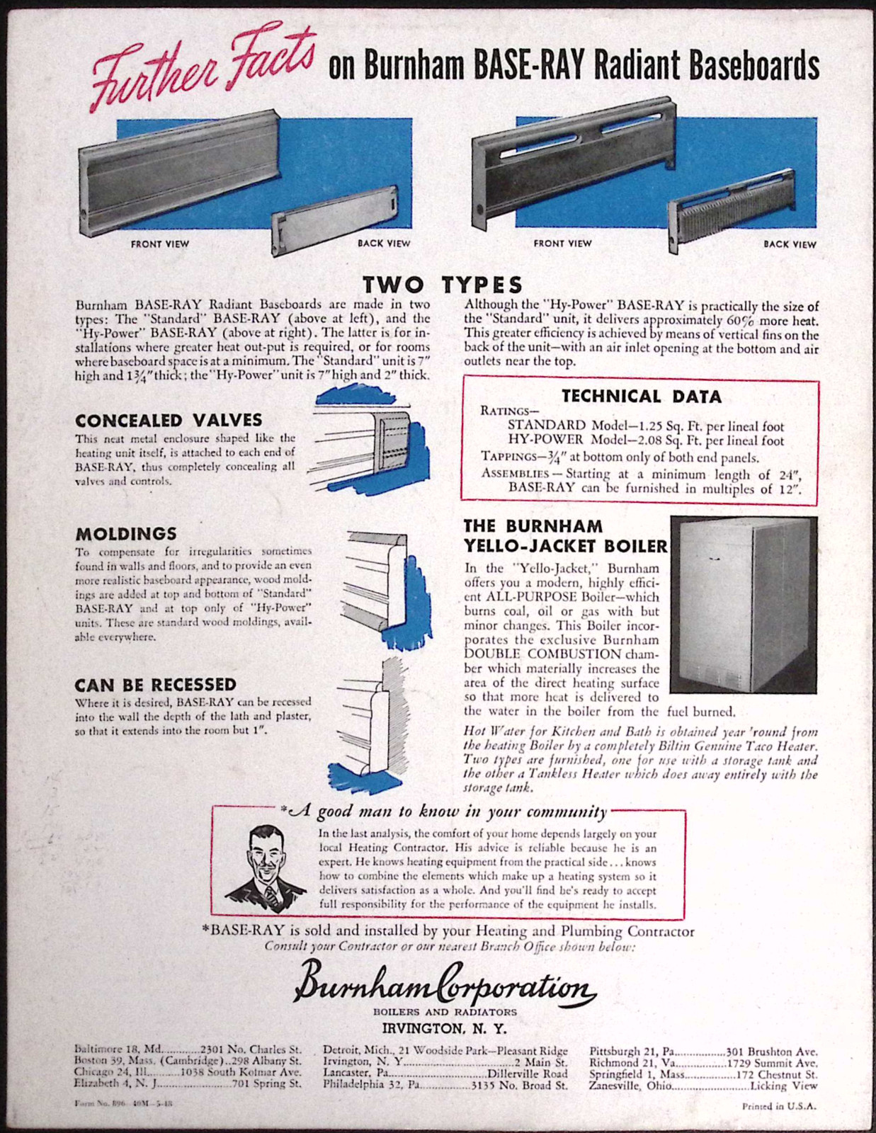 1948 Burnham Boiler Unit Heater Base Ray Radiant Heater Irvington NY Brochure