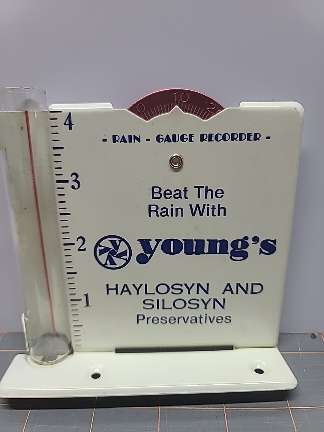 Vtg Rain Gauge Recorder Youngs Haylosyn Silosyn Preservatives Farm Advertising