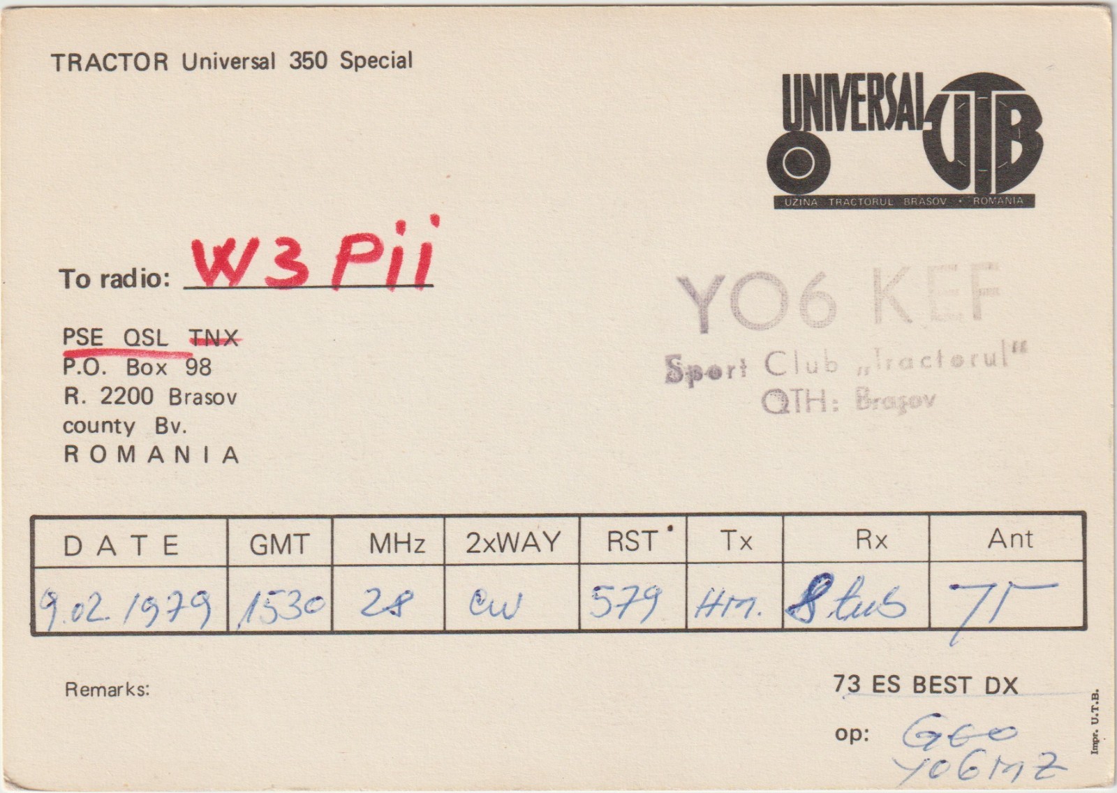 1979 YO6KEF Brașov, Romania QSO/QSL Radio Postcard UNIVERSAL Tractor 350 SPECIAL