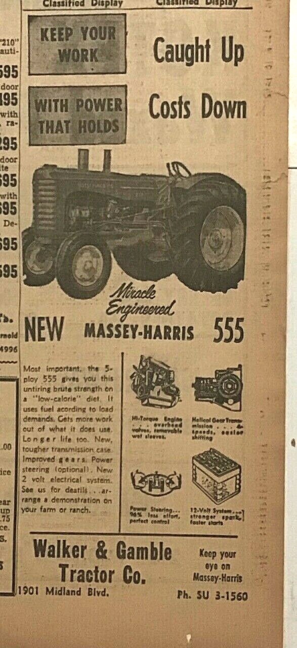 1956 newspaper ad for Massey-Harris « 555 » Tractor – Miracle Engineered
