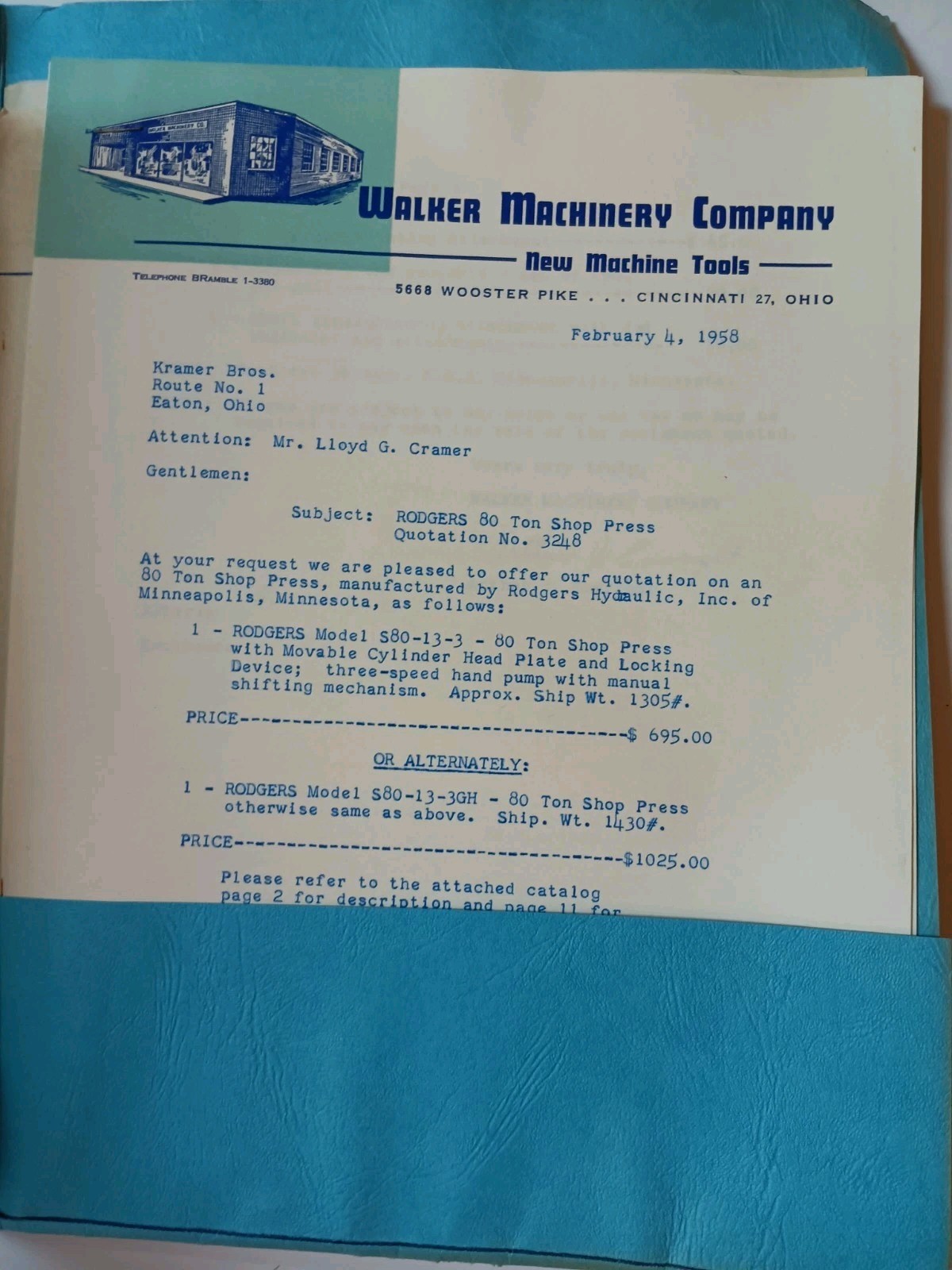 Walker Machinery Co Rodgers 80 TON PRESS Vtg PROPOSAL Advertising Brochures 1958