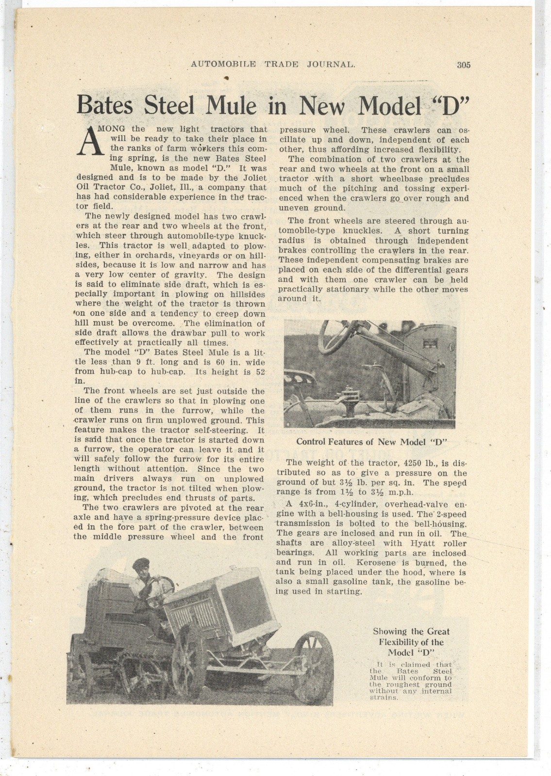 1918 Story & Pics: Joleit Oil Tractor Co. Bates Steel Mule Model D Intro, Specs