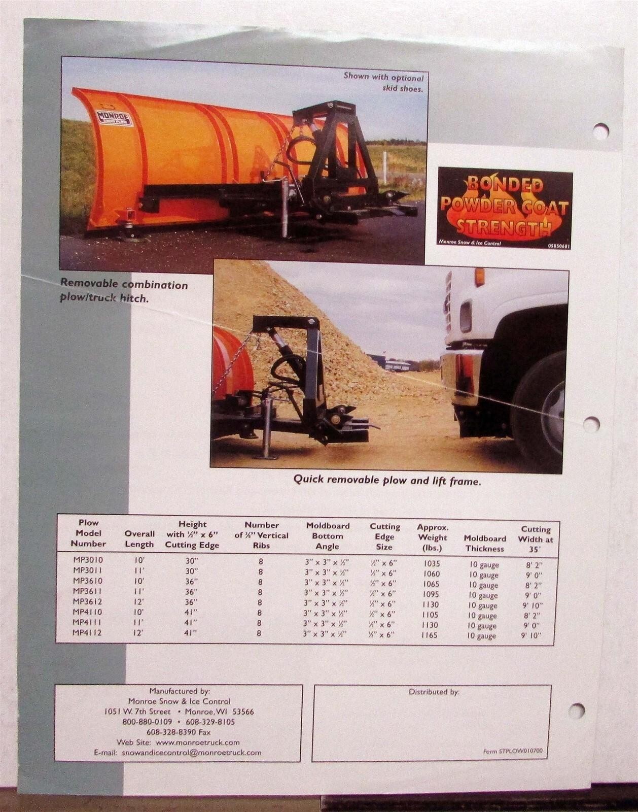 2000s Monroe Snow Tamer Plow Attachment Specs Options Sales Data Sheet