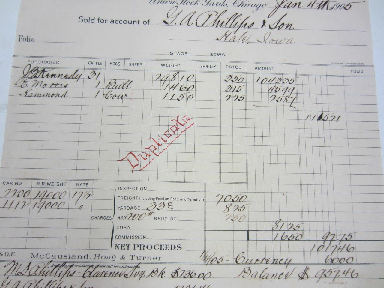 1905 McCAUSLAND HOAG & TURNER Livestock Commission Billhead Iowa Cattle