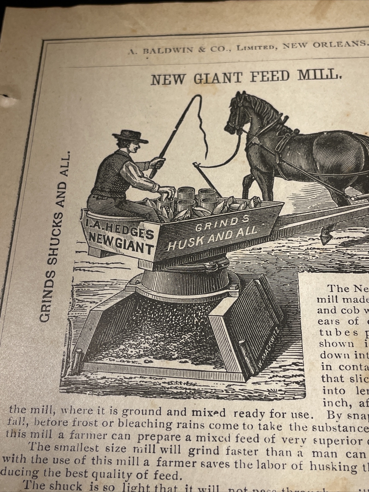 1891 Baldwin – I.A. Hedges Giant Horse Feed Mill – Farm Advertising New Orleans