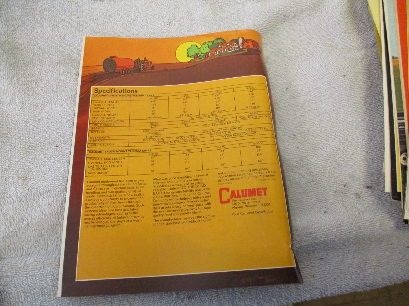 CALUMET LIQUID MANURE VACUUM TANKS PUMP SOIL INJECTOR SALES BROCHURE PAMPHLET