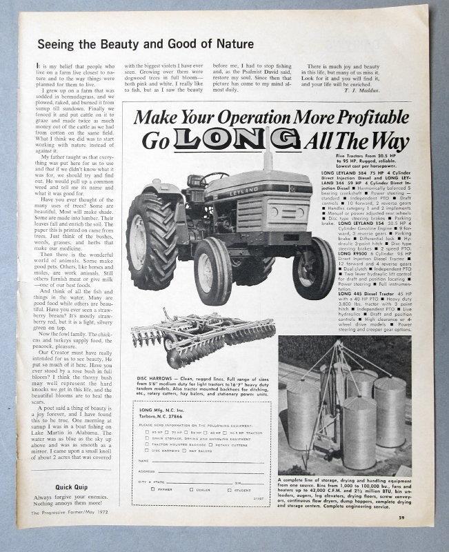 Original 1972 Long Leyland 384 Tractor & Farm Equipment Ad GO LONG ALL THE WAY