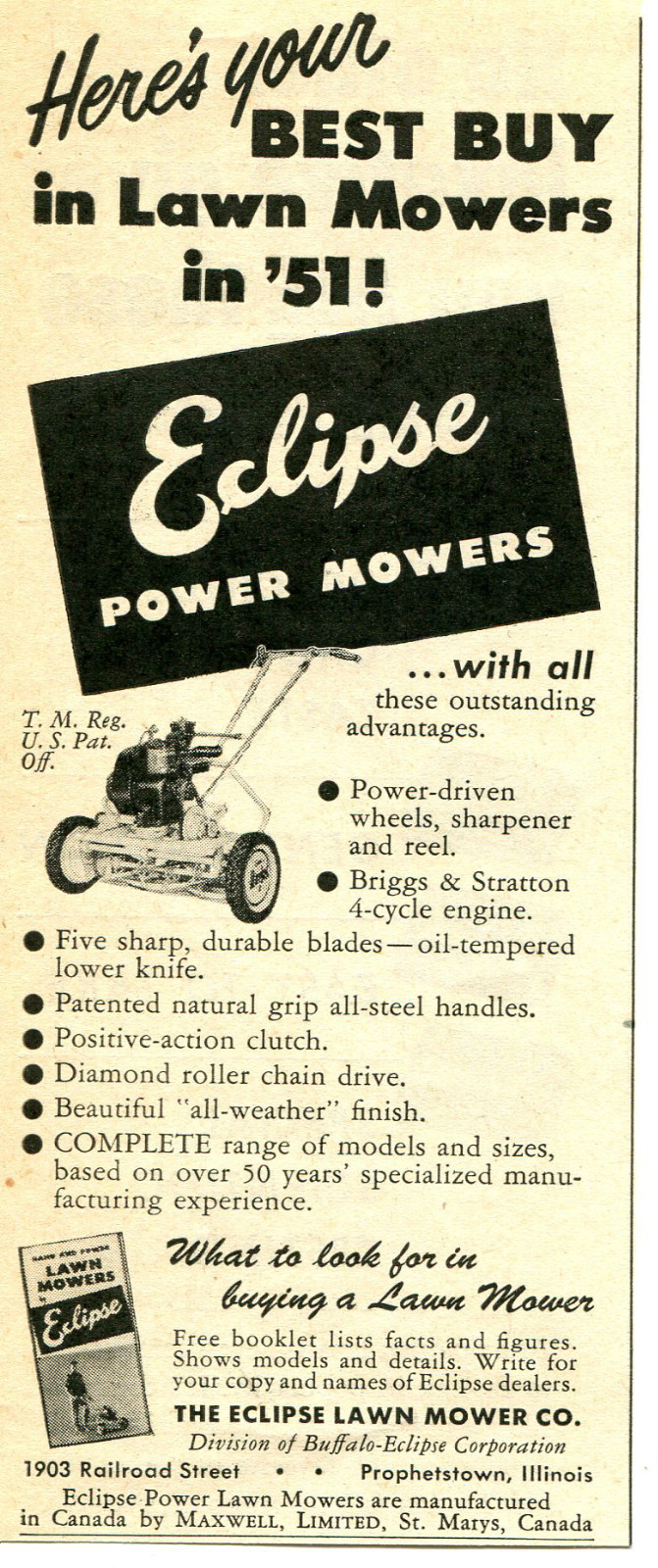 1951 small Print Ad of Eclipse Lawn Mower Co Power Mower